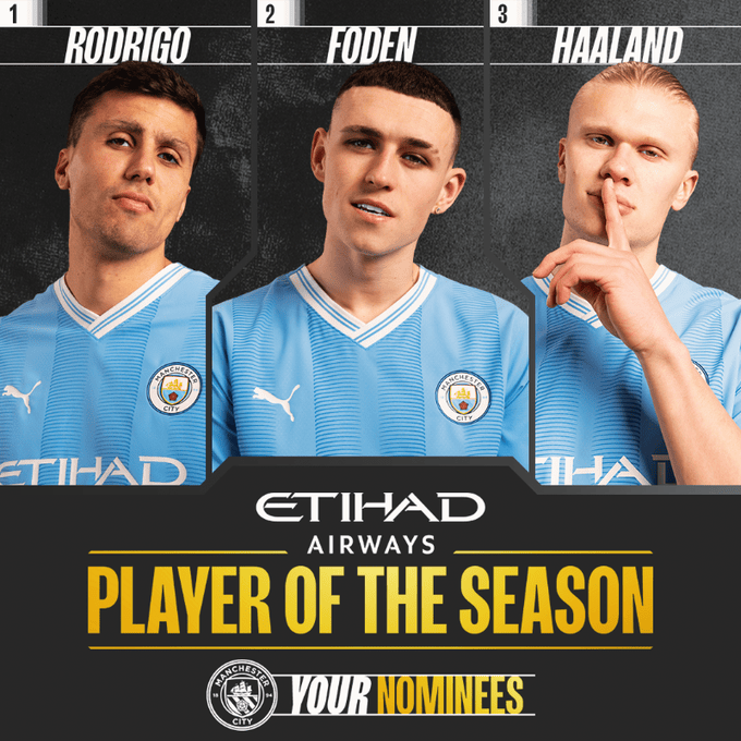 曼城赛季最佳球员候选名单：罗德里、福登、哈兰德