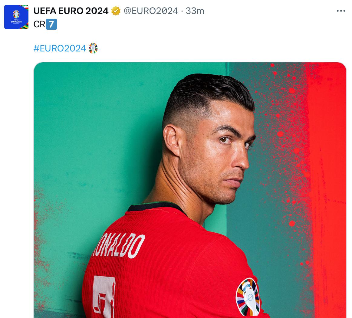 欧洲杯官方社媒晒C罗照片为葡萄牙首战预热并配文：CR7