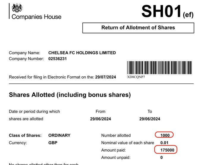 切尔西增发1.75亿英镑债转股，但官方文件写成了17.5万英镑